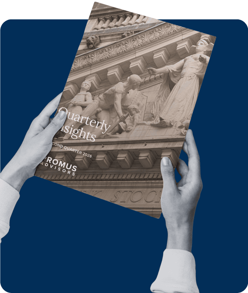 Two hands hold a magazine titled Quarterly Insights – Second Quarter 2026, featuring market insights and a cover image of a classical architectural relief with human statues. The background is a solid dark blue.
